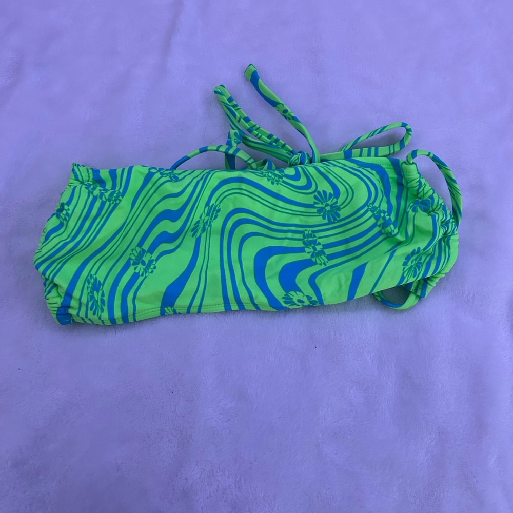 Neon blue and green bandeau bikini top